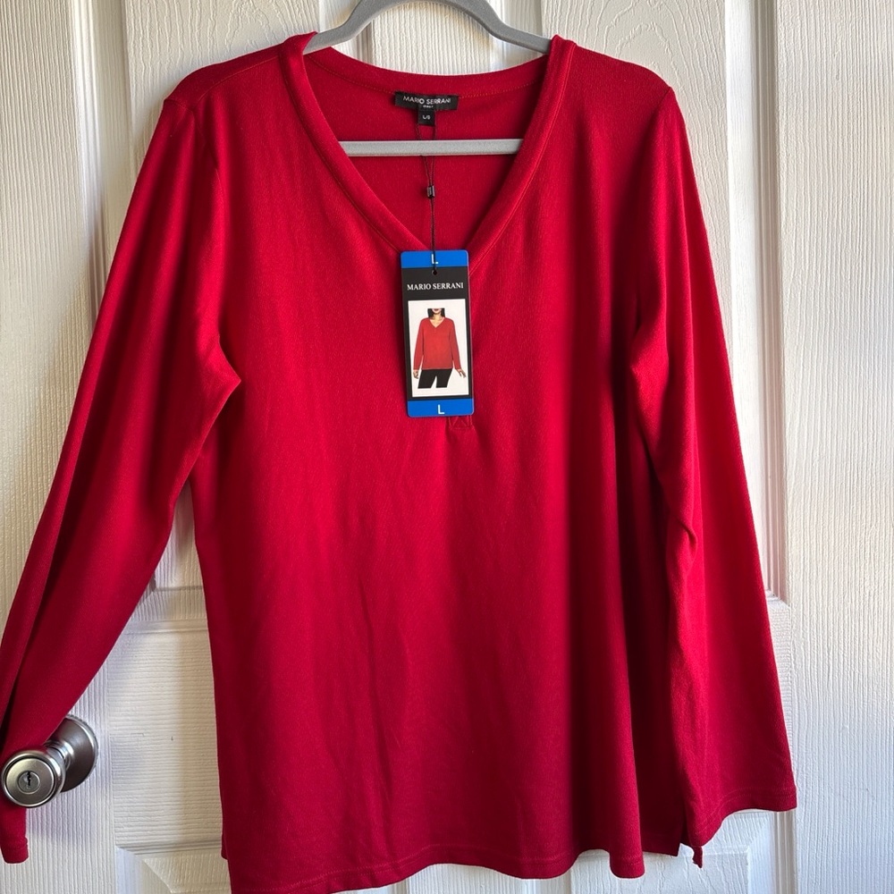 NWT- MARIO SERRANI |  Vibrant Red V-Neck Long Sleeve Sweater/Top- Large